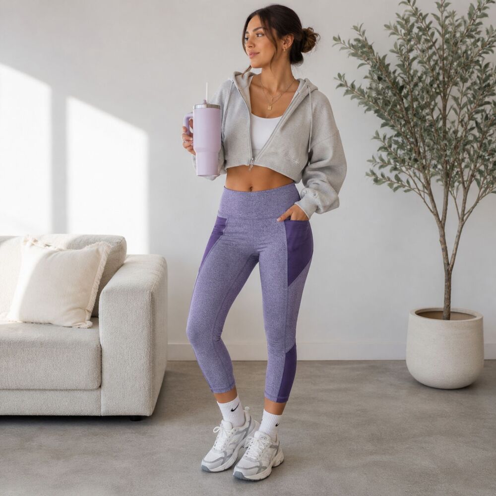 Xersion Purple Quick Dry 7/8 Leggings Mesh Pocket Activewear Large